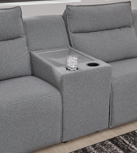 Modmax II Salt and Pepper 7-Piece Power Reclining Sectional with Chaise and Audio Console by Ashley at Eve Furniture