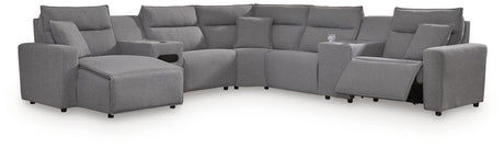 Modmax II Salt and Pepper 7-Piece Power Reclining Sectional with Chaise and Audio Console by Ashley at Eve Furniture