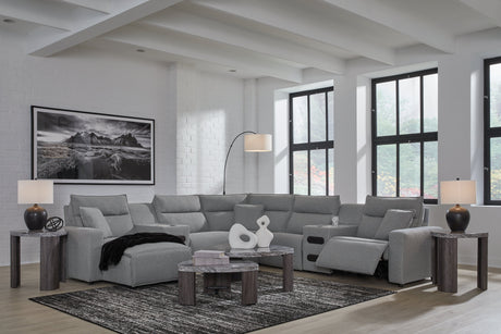 Modmax II Salt and Pepper 7-Piece Power Reclining Sectional with LAF Chaise by Ashley at Eve Furniture