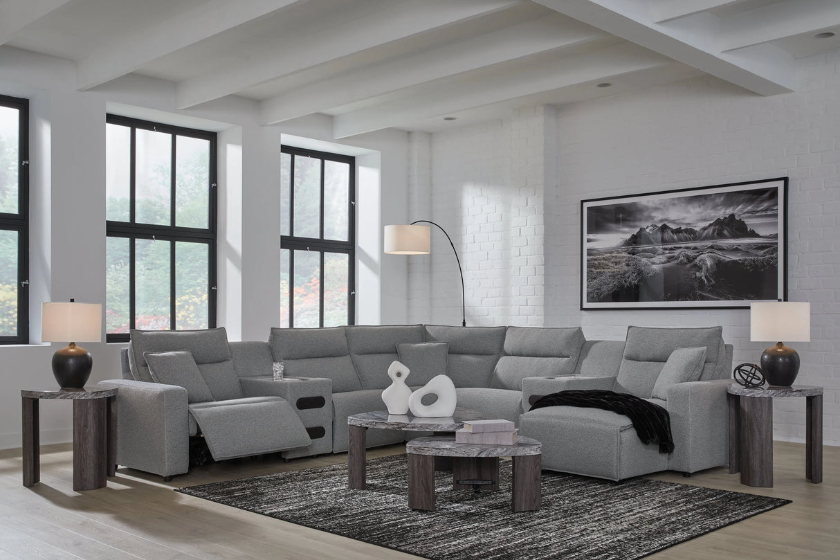 Modmax II Salt and Pepper 7-Piece Power Reclining Sectional with RAF Chaise by Ashley at Eve Furniture