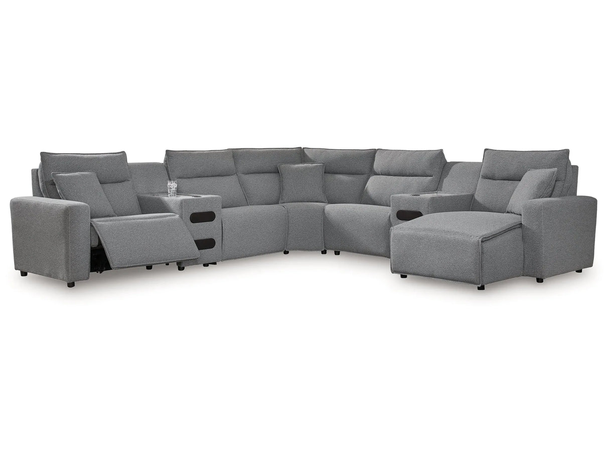 Modmax II Salt and Pepper 7-Piece Power Reclining Sectional with RAF Chaise by Ashley at Eve Furniture