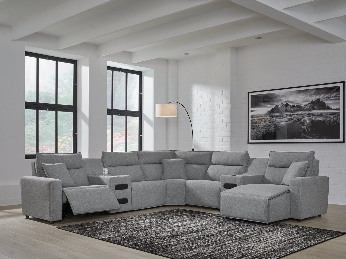 Modmax II Salt and Pepper 7-Piece Power Reclining Sectional with RAF Chaise by Ashley at Eve Furniture