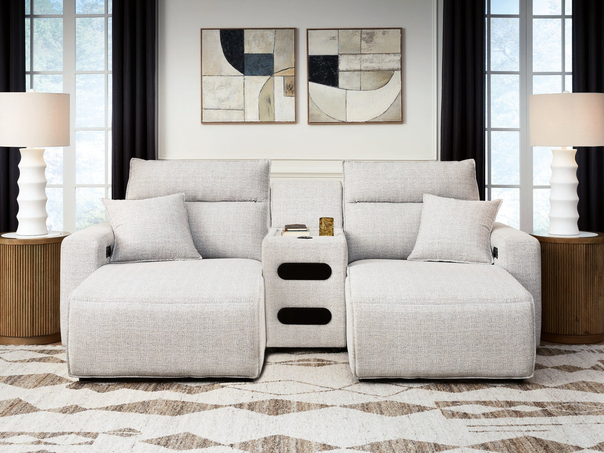 ModMax II Stone 3-Piece Power Reclining Sectional with Chaise and Audio Console by Ashley at Eve Furniture