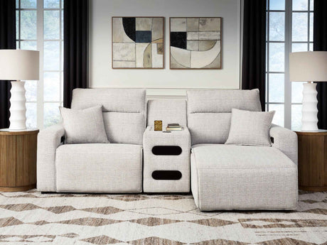 ModMax II Stone 3-Piece Power Reclining Sectional with Chaise and Audio Console by Ashley at Eve Furniture