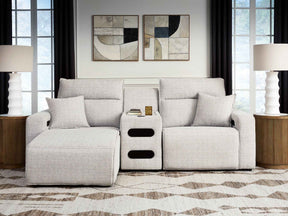 ModMax II Stone 3-Piece Power Reclining Sectional with Chaise and Audio Console by Ashley at Eve Furniture