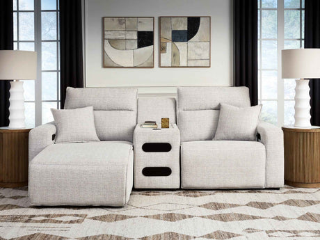 ModMax II Stone 3-Piece Power Reclining Sectional with Chaise and Audio Console by Ashley at Eve Furniture
