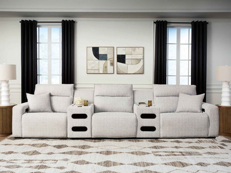 ModMax II Stone 5-Piece Power Reclining Sectional with Audio Consoles by Ashley at Eve Furniture