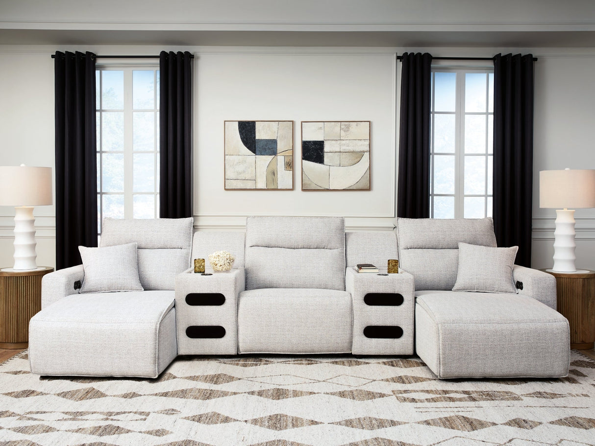 ModMax II Stone 5-Piece Power Reclining Sectional with Chaise and Audio Consoles by Ashley at Eve Furniture