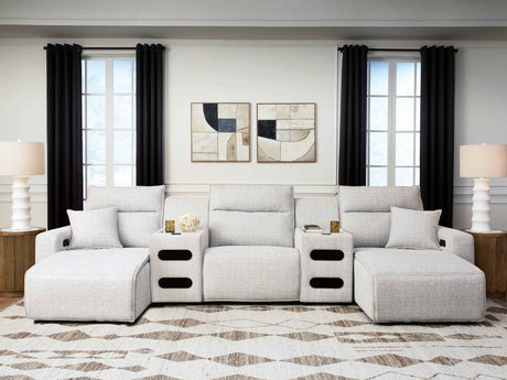 ModMax II Stone 5-Piece Power Reclining Sectional with Chaise and Audio Consoles by Ashley at Eve Furniture