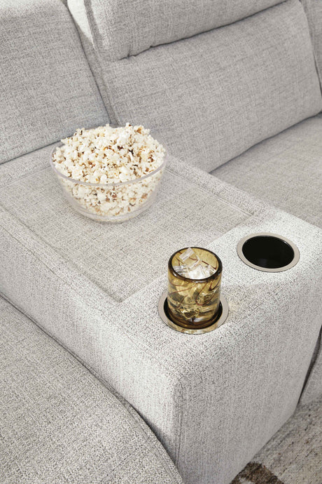 Modmax II Stone 6-Piece Power Reclining Sectional with Chaise and Audio Console by Ashley at Eve Furniture