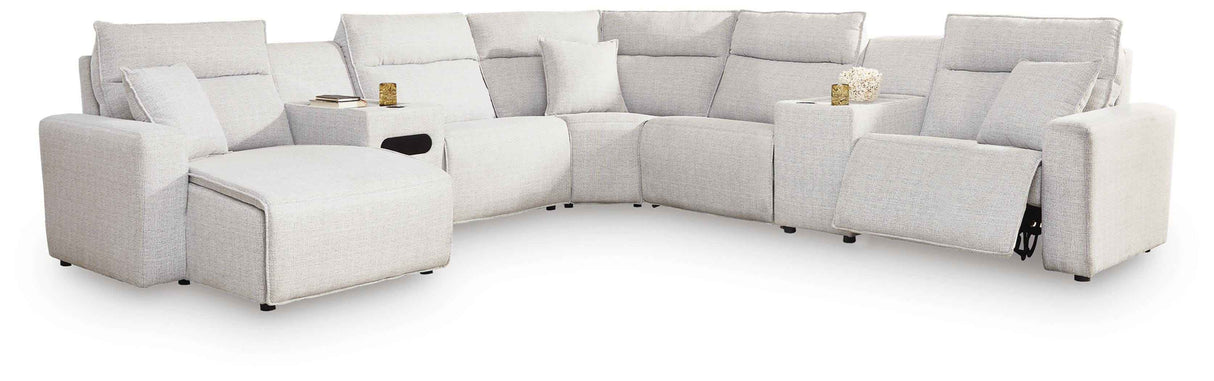 Modmax II Stone 6-Piece Power Reclining Sectional with Chaise and Audio Console by Ashley at Eve Furniture
