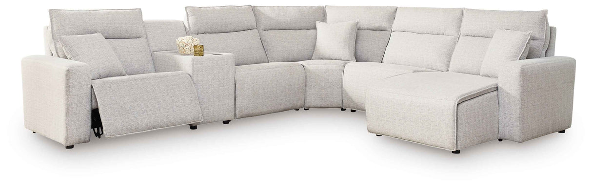 ModMax II Stone 6-Piece Power Reclining Sectional with Chaise and Console by Ashley at Eve Furniture