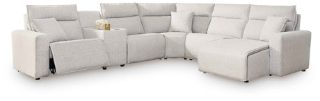ModMax II Stone 6-Piece Power Reclining Sectional with Chaise and Console by Ashley at Eve Furniture