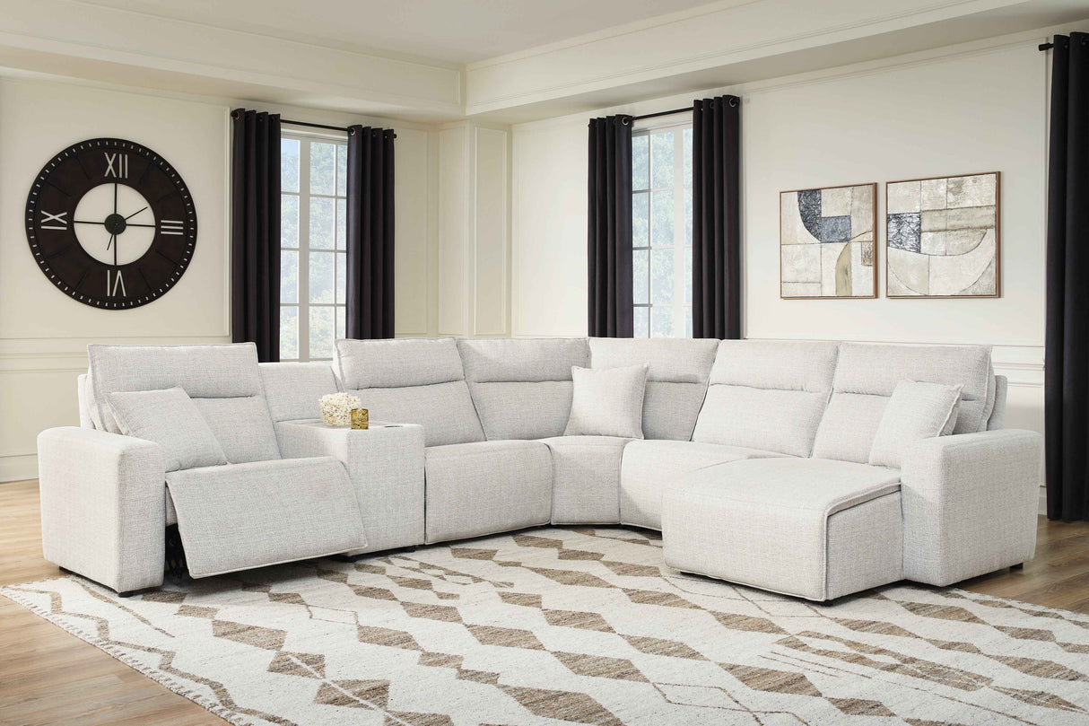 ModMax II Stone 6-Piece Power Reclining Sectional with Chaise and Console by Ashley at Eve Furniture