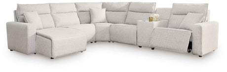 ModMax II Stone 6-Piece Power Reclining Sectional with Chaise and Console by Ashley at Eve Furniture