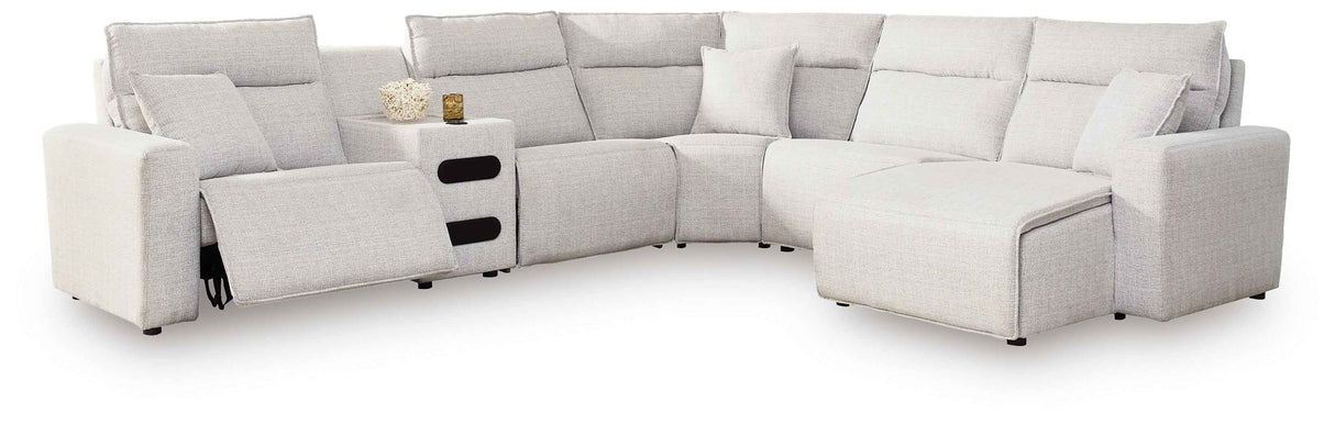 ModMax II Stone 6-Piece Reclining Sectional with Chaise and Audio Console by Ashley at Eve Furniture