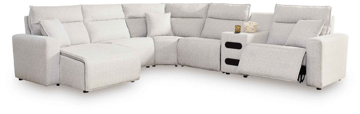 ModMax II Stone 6-Piece Reclining Sectional with LAF Chaise and Audio Console by Ashley at Eve Furniture