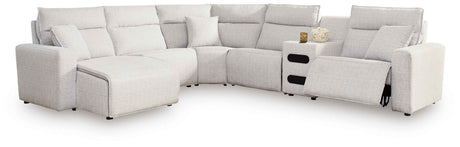 ModMax II Stone 6-Piece Reclining Sectional with LAF Chaise and Audio Console by Ashley at Eve Furniture