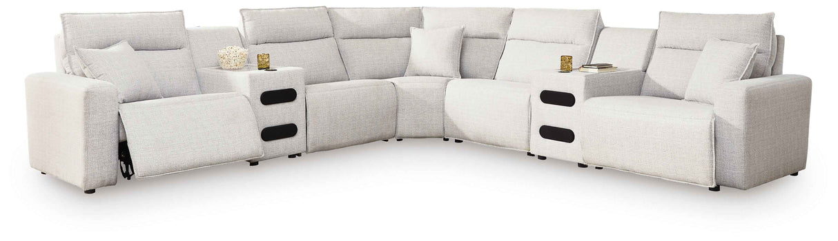 ModMax II Stone 7-Piece Power Reclining Sectional with Chaise and Audio Consoles by Ashley at Eve Furniture