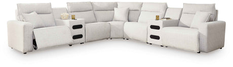 ModMax II Stone 7-Piece Power Reclining Sectional with Chaise and Audio Consoles by Ashley at Eve Furniture
