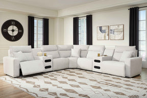 ModMax II Stone 7-Piece Power Reclining Sectional with Chaise and Audio Consoles by Ashley at Eve Furniture