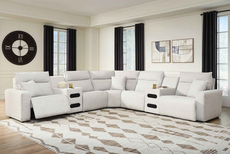 ModMax II Stone 7-Piece Power Reclining Sectional with Chaise and Audio Consoles by Ashley at Eve Furniture