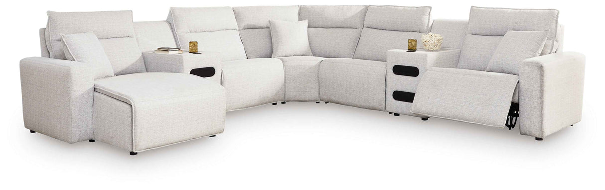 ModMax II Stone 7-Piece Power Reclining Sectional with LAF Chaise and Audio Consoles by Ashley at Eve Furniture