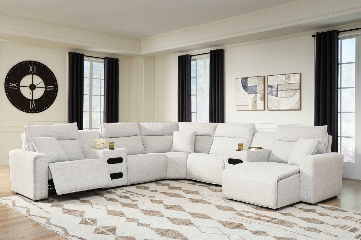 ModMax II Stone 7-Piece Power Reclining Sectional with RAF Chaise and Audio Consoles by Ashley at Eve Furniture