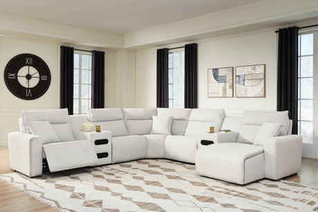 ModMax II Stone 7-Piece Power Reclining Sectional with RAF Chaise and Audio Consoles by Ashley at Eve Furniture