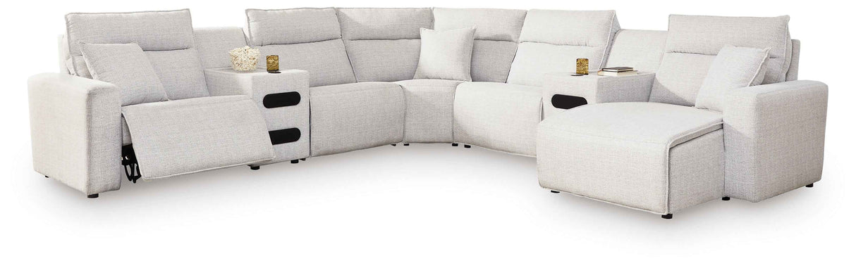 ModMax II Stone 7-Piece Power Reclining Sectional with RAF Chaise and Audio Consoles by Ashley at Eve Furniture