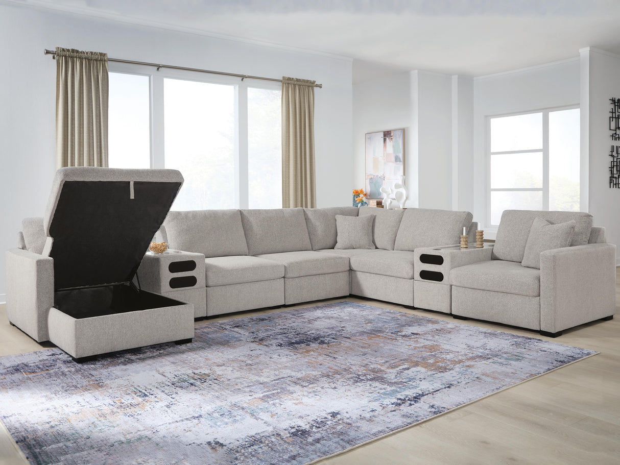 ModMax Luxe Flint 8-Piece Sectional with Storage Chaise and Audio Consoles by Ashley at Eve Furniture