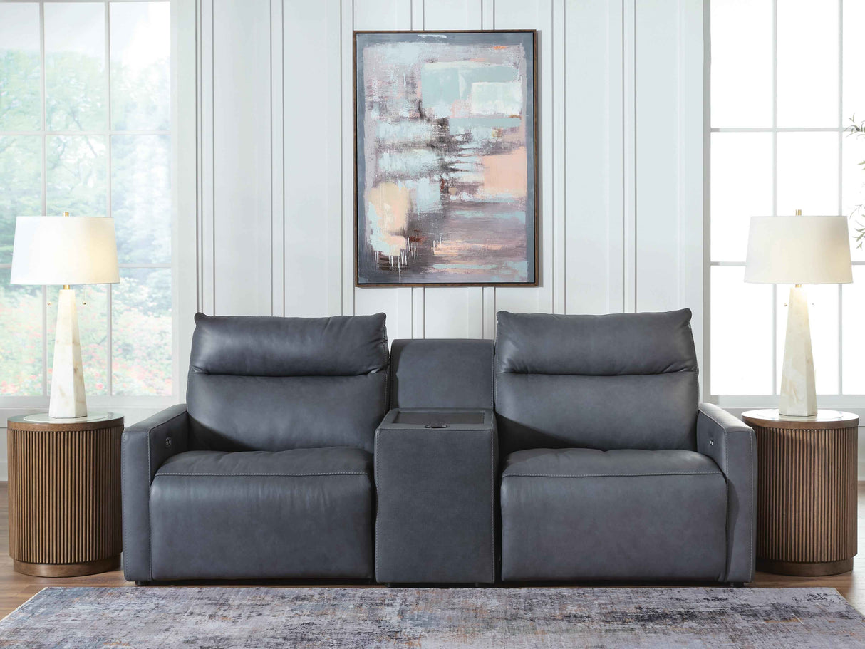 ModZ Blue 3-Piece Power Reclining Sectional Loveseat with Audio Console by Ashley at Eve Furniture