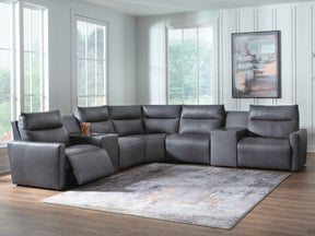 ModZ Blue 7-Piece Power Reclining Sectional with Audio Consoles by Ashley at Eve Furniture