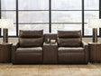 ModZ Chocolate 3-Piece Power Reclining Sectional Loveseat with Audio Console by Ashley at Eve Furniture