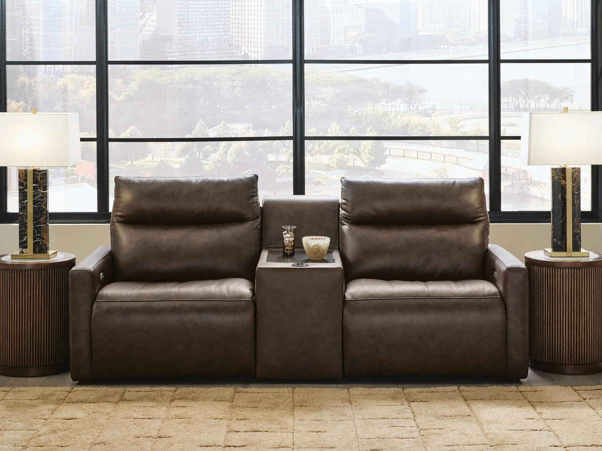 ModZ Chocolate 3-Piece Power Reclining Sectional Loveseat with Audio Console by Ashley at Eve Furniture