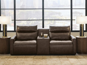 ModZ Chocolate 3-Piece Power Reclining Sectional Loveseat with Audio Console by Ashley at Eve Furniture