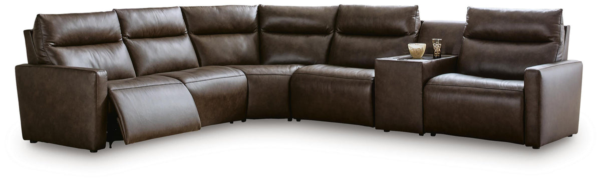 ModZ Chocolate 6-Piece Power Reclining Sectional with Audio Console by Ashley at Eve Furniture