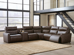ModZ Chocolate 6-Piece Power Reclining Sectional with Audio Console by Ashley at Eve Furniture