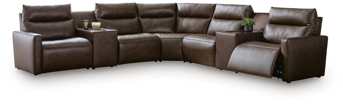 ModZ Chocolate 7-Piece Power Reclining Sectional with Audio Consoles by Ashley at Eve Furniture