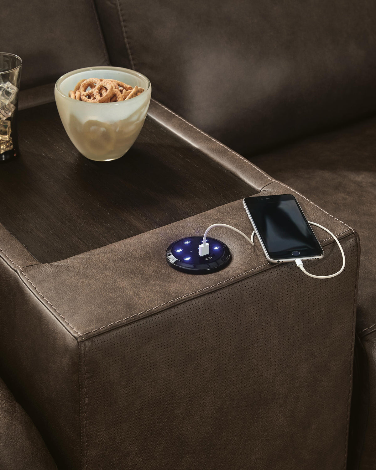 ModZ Chocolate 7-Piece Power Reclining Sectional with Audio Consoles by Ashley at Eve Furniture