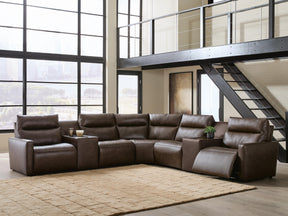 ModZ Chocolate 7-Piece Power Reclining Sectional with Audio Consoles by Ashley at Eve Furniture