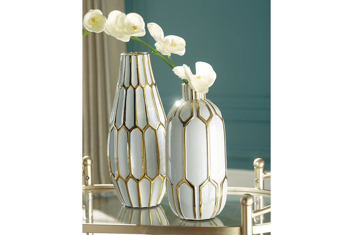 Mohsen Gold Finish/White Vase by Ashley at Eve Furniture