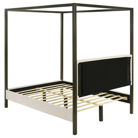 Monroe Vanilla and Black Upholstered Eastern King Canopy Platform Bed by Coaster at Eve Furniture