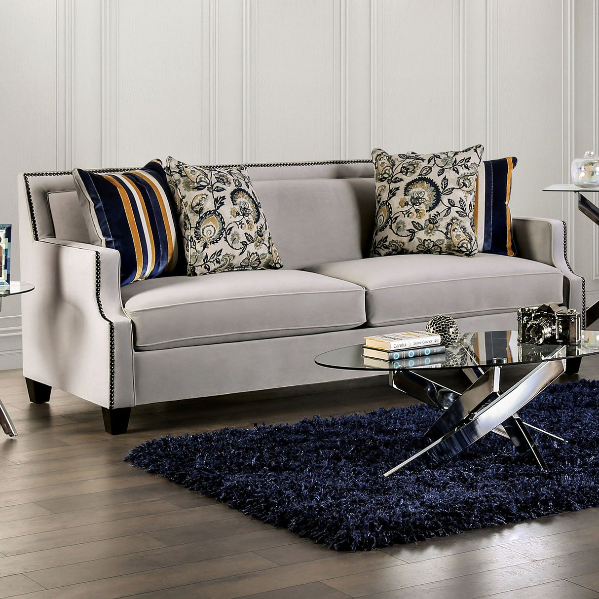 Montecelio Light Gray/Navy Sofa & Loveseat by Furniture of America at Eve Furniture