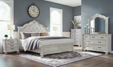Montelaine Antique White Upholstered Panel Bedroom Set by Ashley at Eve Furniture