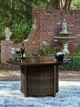 Monterey Point Dark Brown Outdoor Fire Pit Table by ASHLEY FURNITURE at Eve Furniture