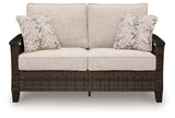 Monterey Point Dark Brown Outdoor Loveseat with Cushion by Ashley at Eve Furniture