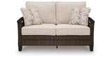 Monterey Point Dark Brown Outdoor Loveseat with Cushion by Ashley at Eve Furniture