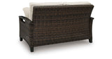 Monterey Point Dark Brown Outdoor Loveseat with Cushion by Ashley at Eve Furniture