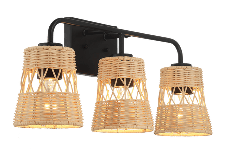 Moonlit Three Lights Wall Sconce With Rattan Shade, Bathroom Lighting Fixtures Over Mirror